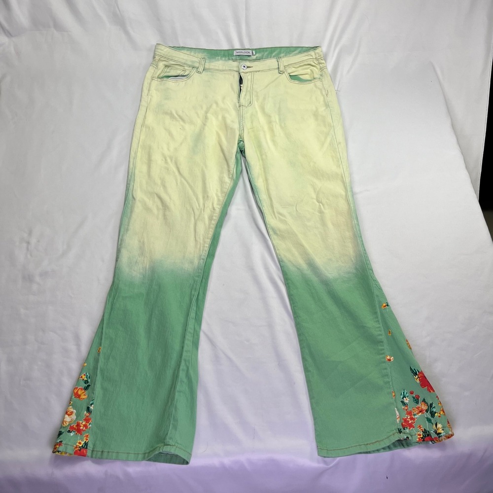 Misslook Flare Jeans Green Ombre Floral Embroidered Pockets Dip Dye 36